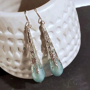 Sustainable Lacy Silver Filigree Light Blue Faux Pearl Long Teardrop Earrings